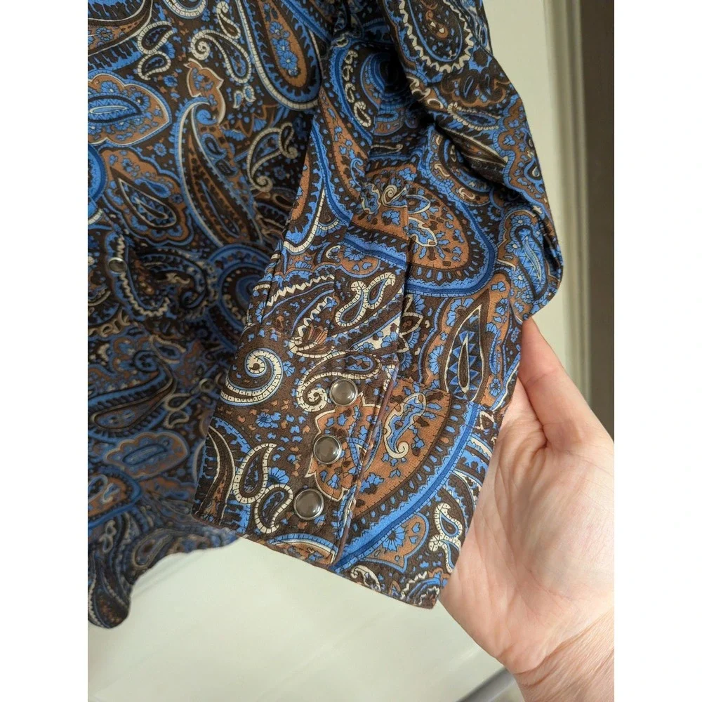 Roper Blue Brown Paisley Pearl Snap Western‎ Shirt 100% Cotton Size Large